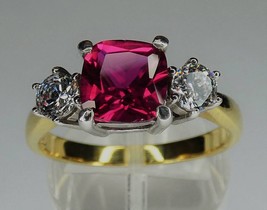 Lab Created Ruby Silver Ring 18ct Gold Plating July Birthstone - £43.80 GBP