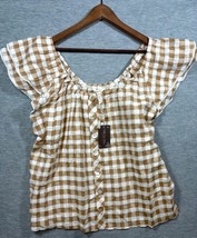 Matilda Jane Womens Shirt XL Annabelle Brown White Checkered Off Shoulder - $14.70