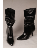 Coutgo Women 7 Black Faux Leather Stiletto Slouchy Riding Mid Calf Slip ... - $40.26 CAD