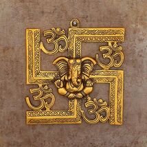 Lord Ganesha on Om Swastik Metal Golden Wall Hanging bring in a divine s... - $19.77