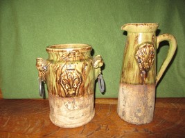 Vintage Glazed Clay/Cement Amphora Like Urn Vase &amp; Tall Pitcher-Fleur de Lis - £38.32 GBP