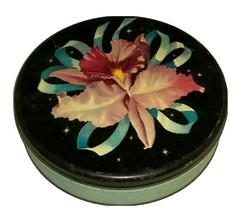 Vintage Round Floral Tin 10&quot; Vintage Green Tin with Black Floral Lid - £14.11 GBP