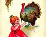 Greetings On Thanksgiving Day Girl in Pumpkin Hat Turkey Unused 1910s Po... - $14.22