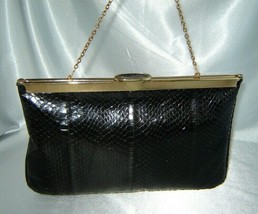 Vintage ETRA Black Snakeskin Hinged Clutch w/ Coin Purse, Gold Clasp &amp; Chain - £15.34 GBP