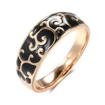 Luxury 585 Rose Gold Black Enamel Ring Unusual Ethnic Pattern Bride Wedding Ring - £7.08 GBP