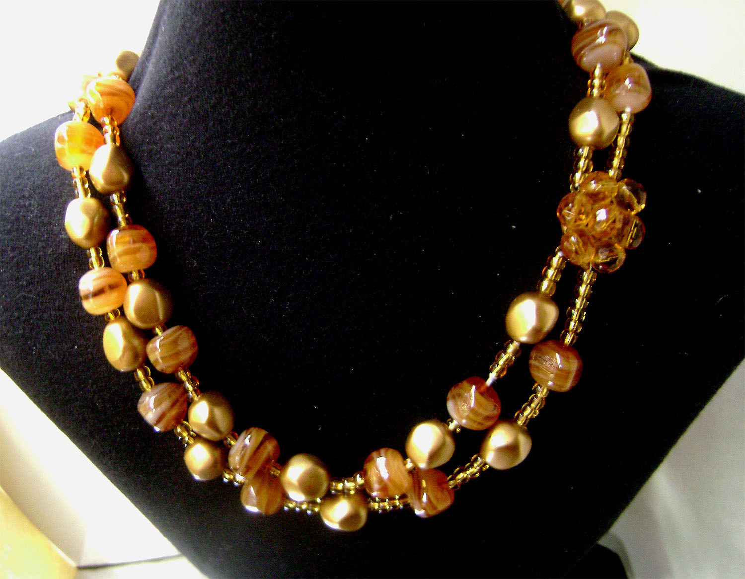 Vintage  2 Strand  Necklace Brown Peach Striped Agate Crystal Flower Clasp 70s - £30.54 GBP