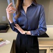 Women Blue Satin Silk Shirts White Shirt Women Long Sleeve Shirts Blouse... - £44.70 GBP