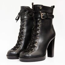 The Estrada Black Leather Lace-Up Platform Heel Mid Calf Women Boot image 2