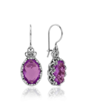 Filigree Art Amethyst Gemstone Crown Figured Women Silver Oval Drop Earrings - $49.99