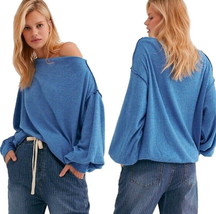 Free People Oversized Hacci Top Medium 8 10 Blue Off Shoulder Sweater Banded Hem - £43.05 GBP