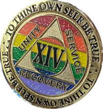 14 Year AA Medallion Reflex Rainbow Glitter Gold Sobriety Chip - $17.81