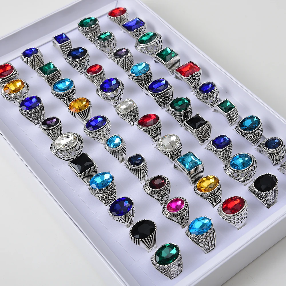 Wholesale 50pcs/lots Vintage Metal Glass Stone Rings For Mens Women Jewelry Gift - $51.02
