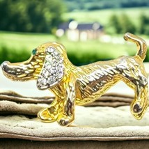 Dachshund Dog Brooch Textured Gold Tone Sparkling Clear Green Rhinestones 1.5 in - £6.42 GBP