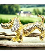 Dachshund Dog Brooch Textured Gold Tone Sparkling Clear Green Rhinestone... - £6.42 GBP
