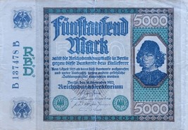 GERMANY 5000 MARK REICHSBANKNOTE 1922 RBD VERY RARE NO RESERVE - $18.46