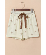 White Bow Print Lace Drawstring Elastic Waistband Casual Shorts - $248.84 MXN