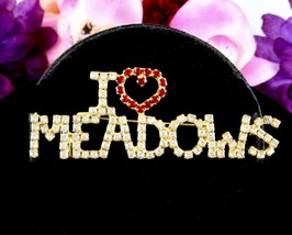 I Heart Love Meadows Pin Vintage Rhinestone Brooch Goldtone Clear Red 3 1/8&quot; - £14.68 GBP