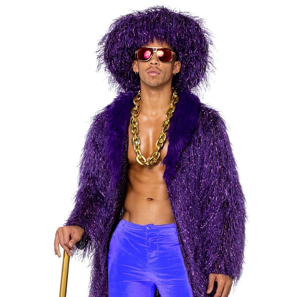 Primary image for Pimp Costume Faux Fur Coat Metallic Long Sleeves Oversized Hat Purple 6200