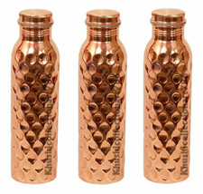 Pure Copper Water Bottle Diamond Cut Design Leak Proof Matt Finish Set Of 3 Pcs - £26.78 GBP