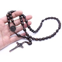 Men&#39;s Saint Benedict Wood Beads Rosary Crucifix Cross Necklace Catholic Jewelry - £7.06 GBP