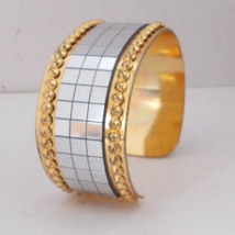 Gold &amp; Reflective Silver Tone Open Cuff Bracelet 1 1/8&quot; Wide Fashion Jew... - £5.59 GBP