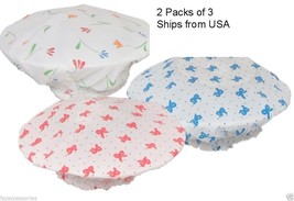 6 Printed Shower Caps Reusable Random Designs and Colors Elastic Waterproof - £6.92 GBP