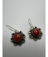 Vintage Sterling Silver Relies Red Coral Flower Dangle Earrings 3cm - £31.16 GBP