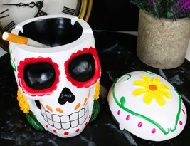 Day of The Dead White Tribal Tattoo Sunflowers Sugar Skull Ashtray Box Figurine - £17.85 GBP