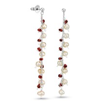 Stunning Red Bead Long Dangling and Pearl Sterling Silver Earrings - £15.00 GBP