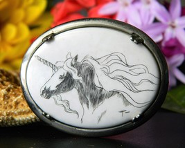 Vintage Unicorn Scrimshaw Brooch Pin Sterling Silver Artist Signed - £27.85 GBP