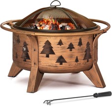 Fire Pit 30 In. Outdoor Wood-Burning Fire Pit, Patio Tree Motif Round Steel - $131.97