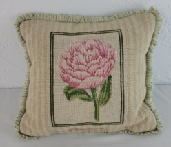 Summer Floral Needlepoint Pillow Pink Peony Waverly Fringe Stripe 14&quot; Ve... - $22.95