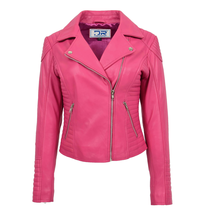 DR206 Women&#39;s Soft Leather Cross Zip Biker Jacket Pink - £128.20 GBP