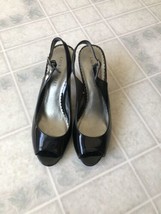 Laura Ashley Aleksia2 Size 7.5 Patent Black  Look Peep Toe Slingback 3.5... - $26.79