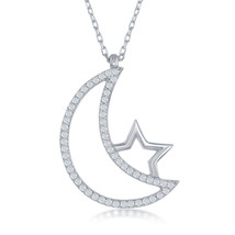 Open cz crescent moon and star necklace Women&#39;s Necklace .925 Silver 280116 - £63.13 GBP