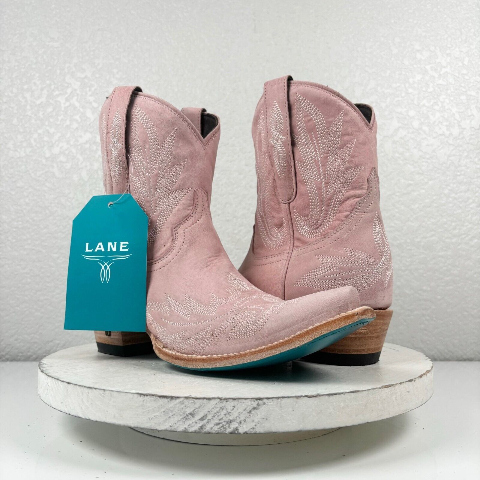 Primary image for Lane LEXINGTON Pink Cowboy Boots 7.5 Leather Western Ankle Bootie Short Snip Toe