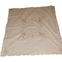 Vintage Floral Embroidered Linen Tablecloth 32&quot;x32&quot; Cross-stitch Roses - $35.00