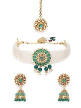 Green Stone Ethnic Pearls Kundan Jewelry Choker Necklace Earring Maangtikka Set - £18.31 GBP