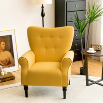 Giantex Modern Fabric Accent Chair w/Rubber Wood Legs &amp; Tufted Backrest Yellow - £267.93 GBP