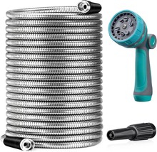 Garden Hose Metal-50ft Lightweight Stainless Steel Water Hose 10 Function Nozzle - £18.99 GBP