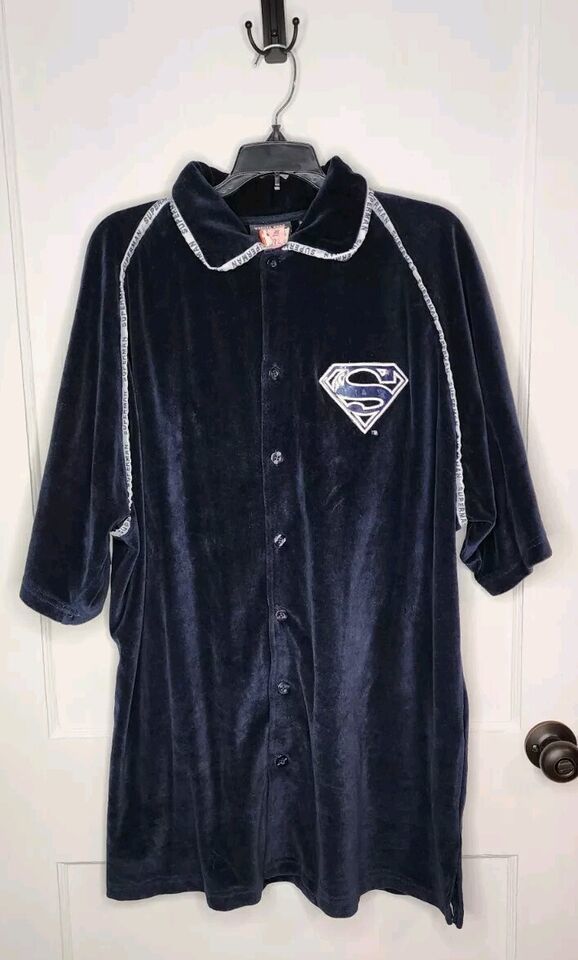 Sz 2XL Warner Bros Superman Navy Blue Velour Button Down Shirt Embroider... - $28.05