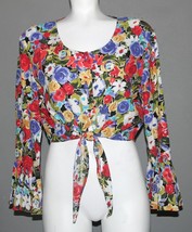 VTG? Stepping Out Watercolor Roses Ruffle Bell Sleeves Tie Front Blouse ... - £19.97 GBP