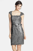 Adrianna Papell Lace Open Back Capsleeve Sheath Dress Sz 6 Grey - $60.98