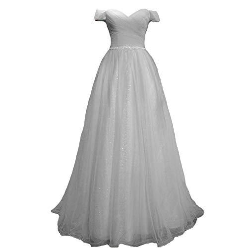 Kivary Off The Shoulder Ruched Pleats Beaded Tulle Long Evening Prom Dress Silve