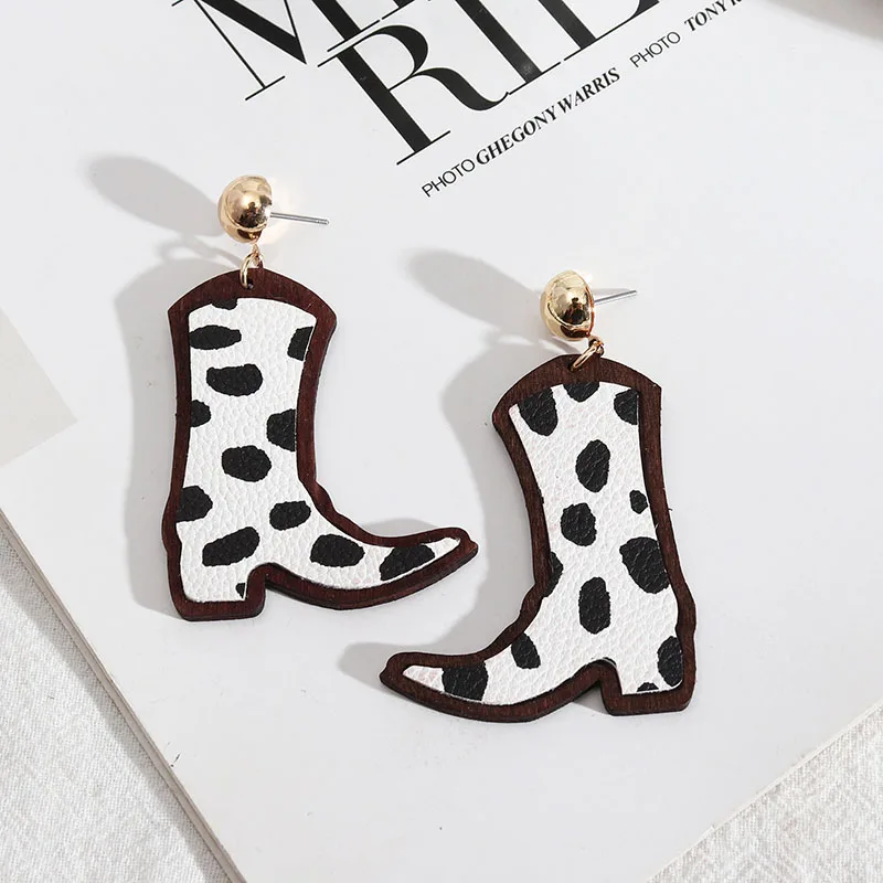 Metal cowboy cowgirl boots shoe coffee wood wooden piercing earrings trendy korean thumb155 crop