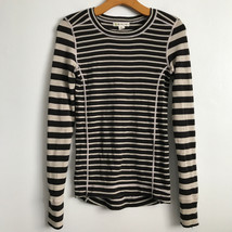 Akini Merino Wool Sweater S Brown Striped Long Sleeve Thumb Holes Crew P... - $27.66