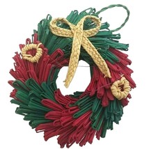 Rustic Country Wreath Christmas Tree Ornament 3&quot; Red and Green Straw - £9.56 GBP