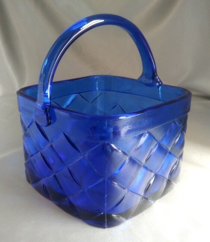 Cobalt Blue Woven Square Glass Decorative Basket Vase w/ Handle (5.5&quot; tall) - $19.50