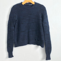 Raquel Allegra Wool Sweater 2 Blue Distressed Holes Cutout Elbows Crew N... - £40.14 GBP
