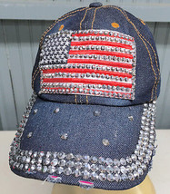 Rhinestone Patriotic Stars Stripes US Flag America Denim Strapback Baseball Cap  - £21.28 GBP